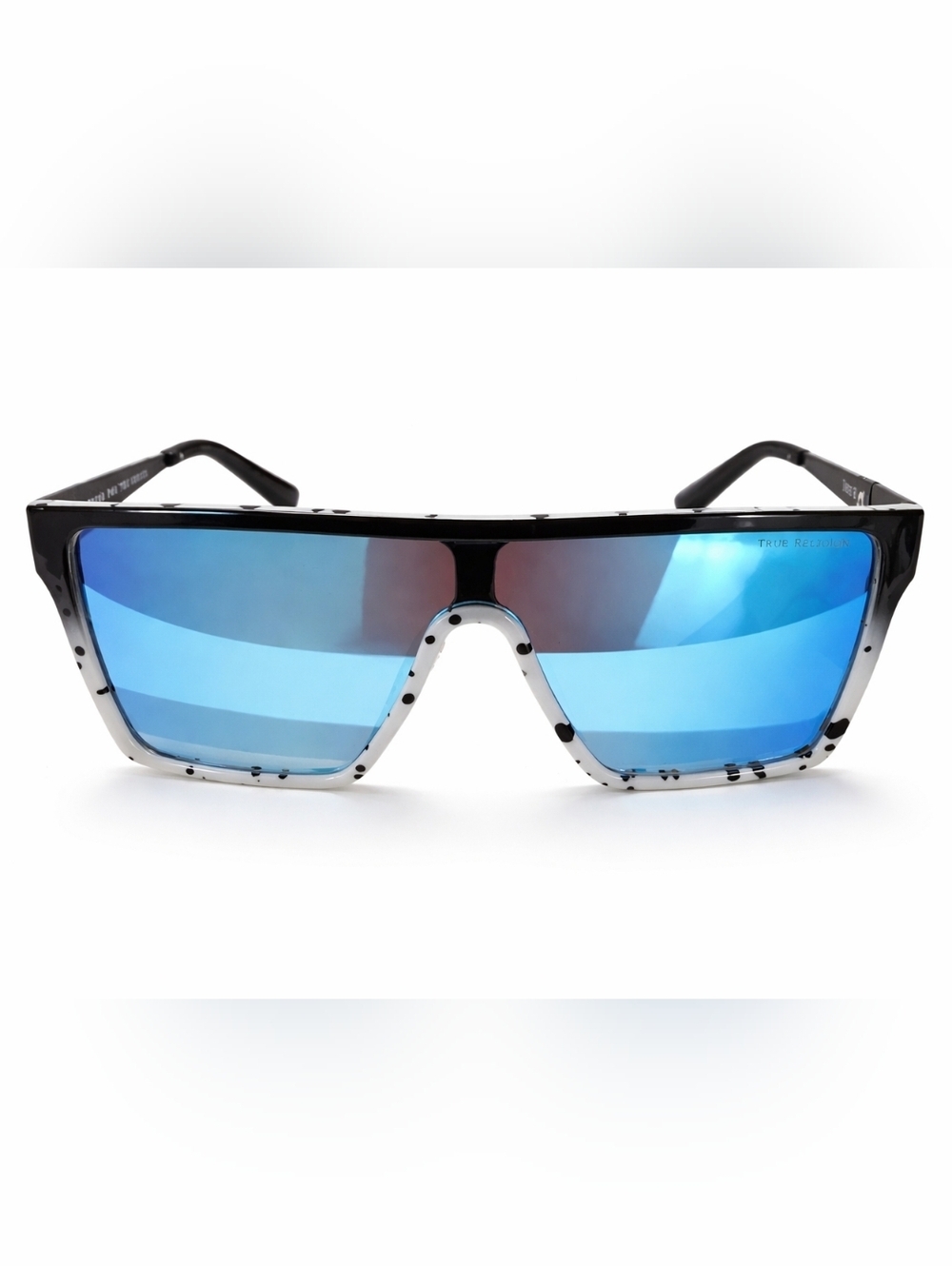 True Religion Shield Sunglasses Blue Mirrored Lens Black White Speckle UV400